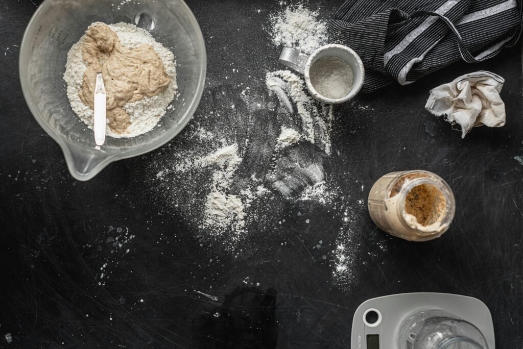 Sourdough starter, flour, water, and ingredients