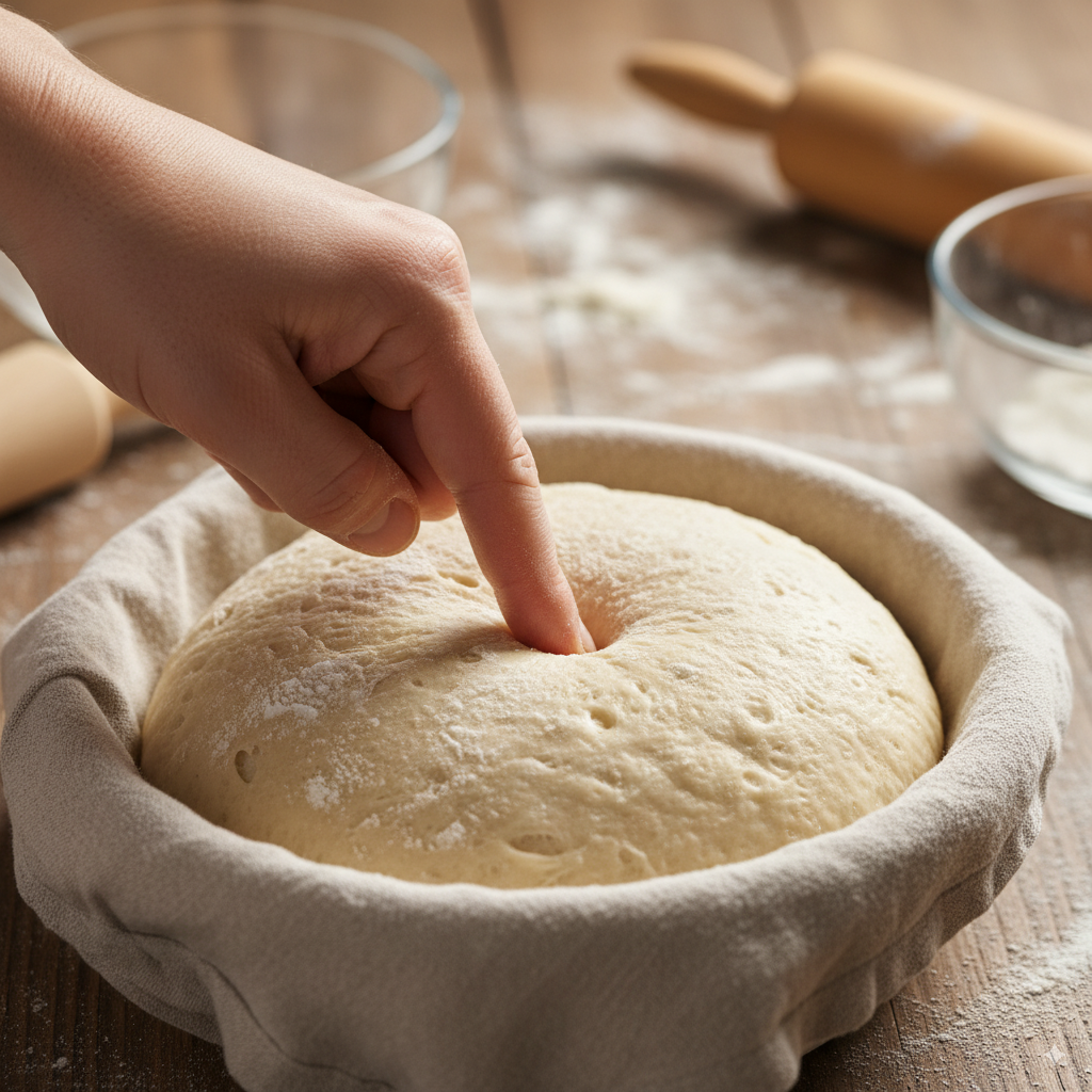 Sourdough Poke Test: How to Tell When Dough Is Proofed 1 Sourdough poke test. Sourdough in a towel lined bowl.