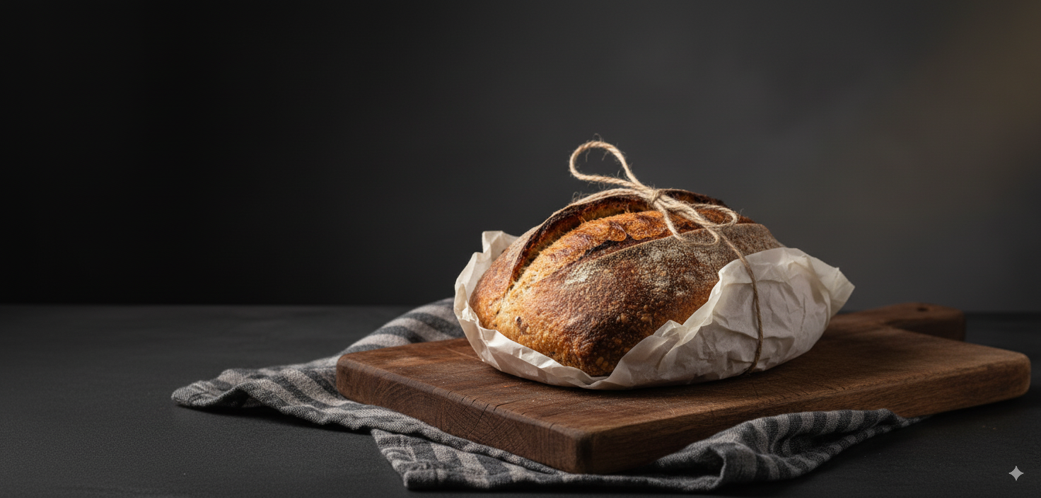 Home 1 loaf of sourdough on cutting board at home