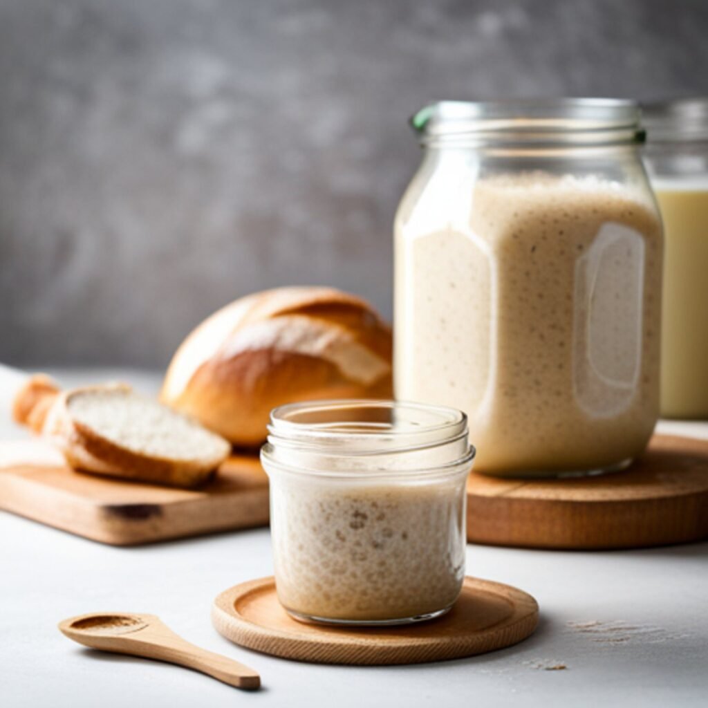 Levain (pre-ferment) 1 Levain in jars. Sourdough starter. Loaf of sourdough